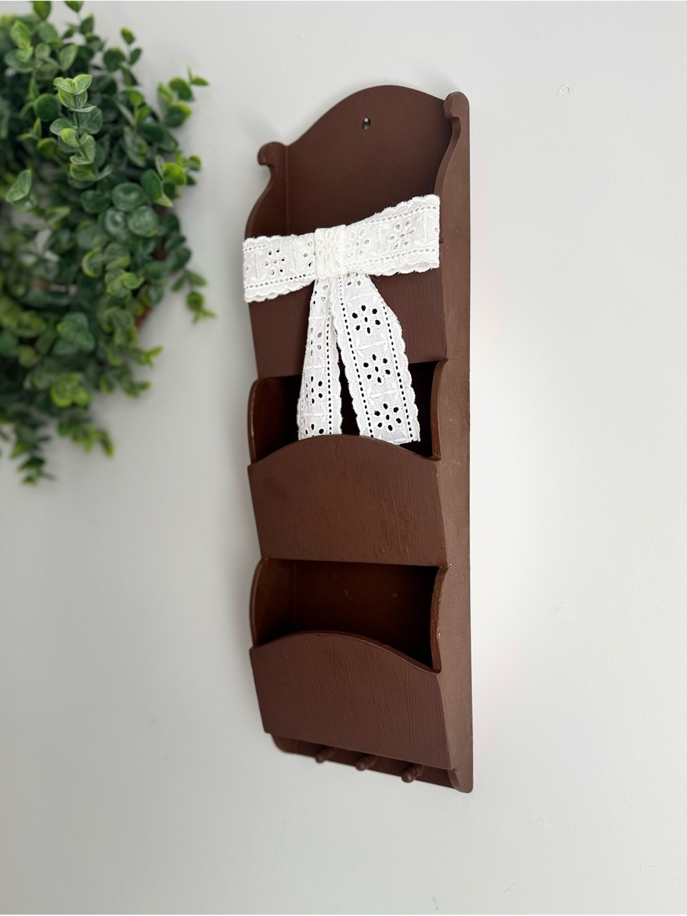 Vintage Brown Wall Mail & Key Organizer with White Eyelet Lace Accent